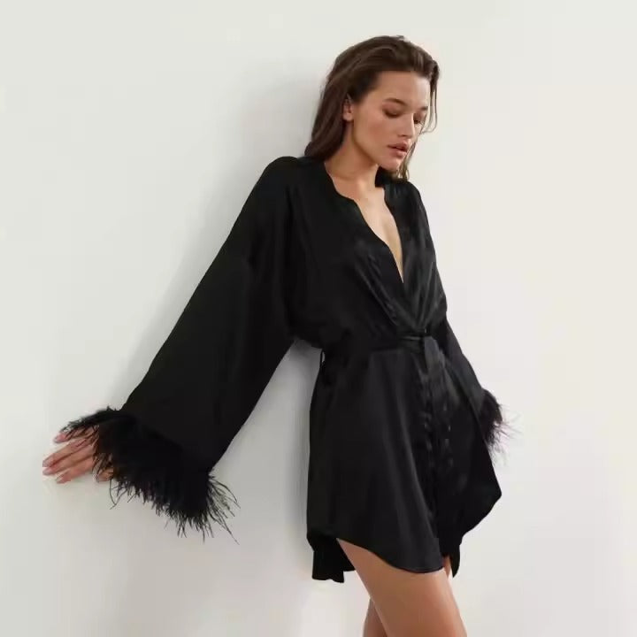 Nightgown Ostrich Feather Long Sleeve Pajamas Cardigan European and American Simulation Silk Black Bathrobe Women's Home Clothes