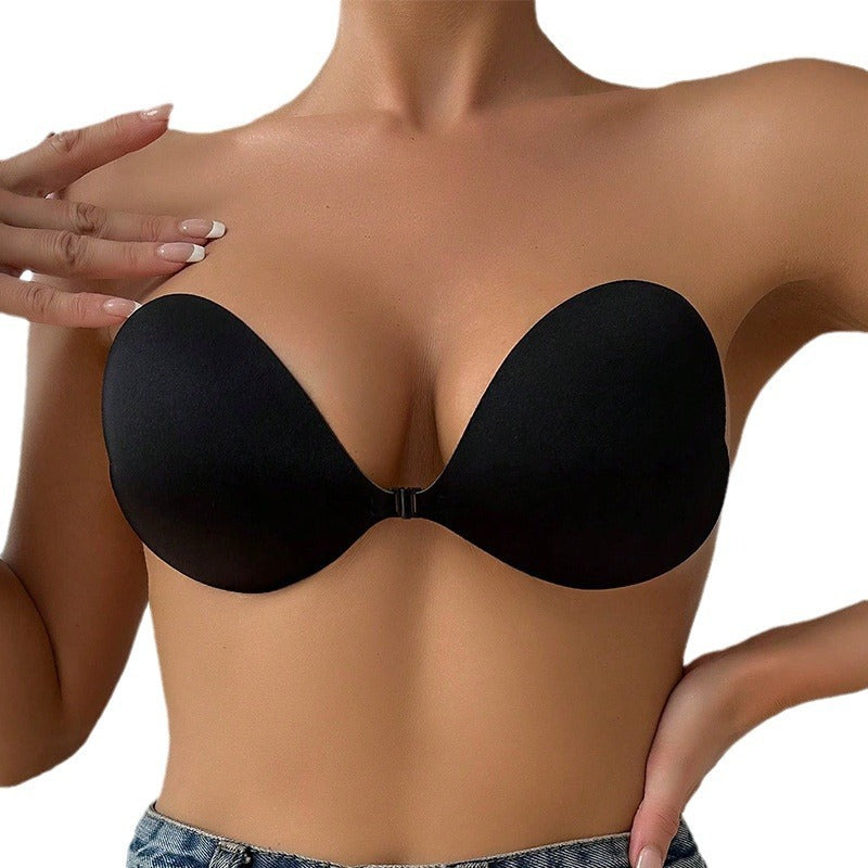European and American invisible bra, seamless front button push-up round cup bra, breathable solid color strapless bra