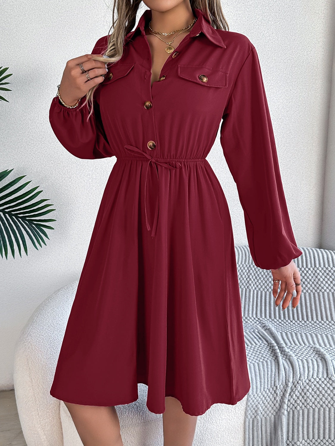 Collared Neck Long Sleeve Dress with Pockets