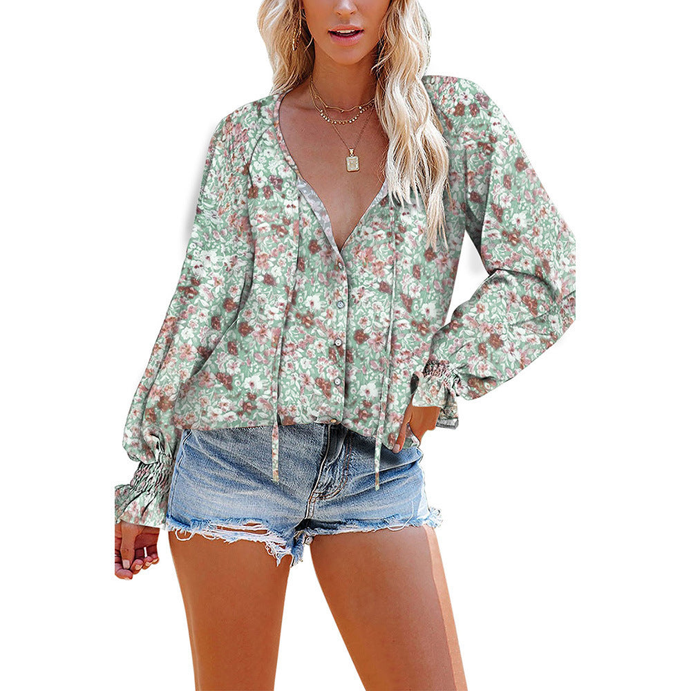 Women's Loose V-Neck Pullover Casual Tops Long Sleeve Floral Lotus Leaf-Sleeved Chiffon Shirts