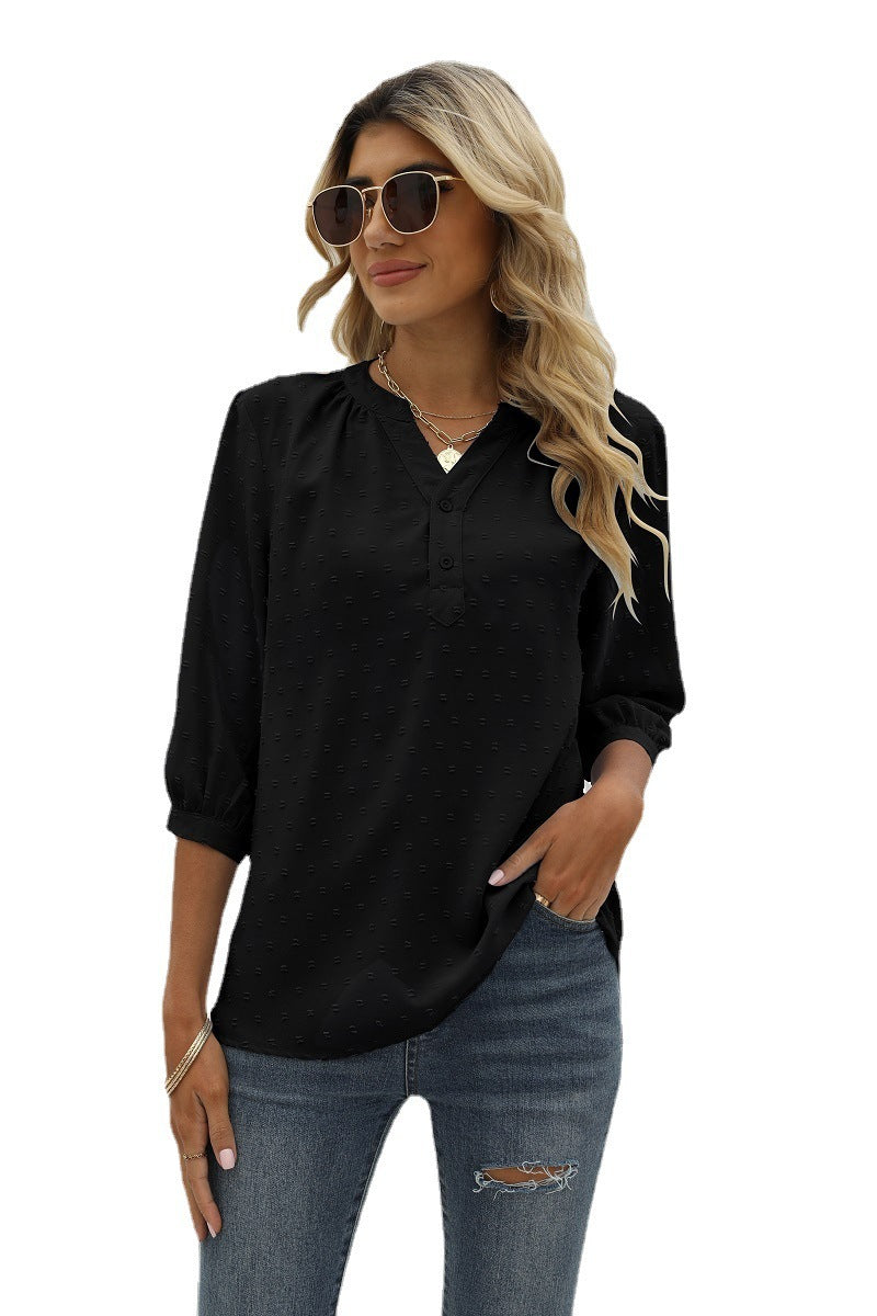 Women's New Stand-Up Collar Mid Sleeve Shirt Jacquard Fur Ball Casual Loose Top