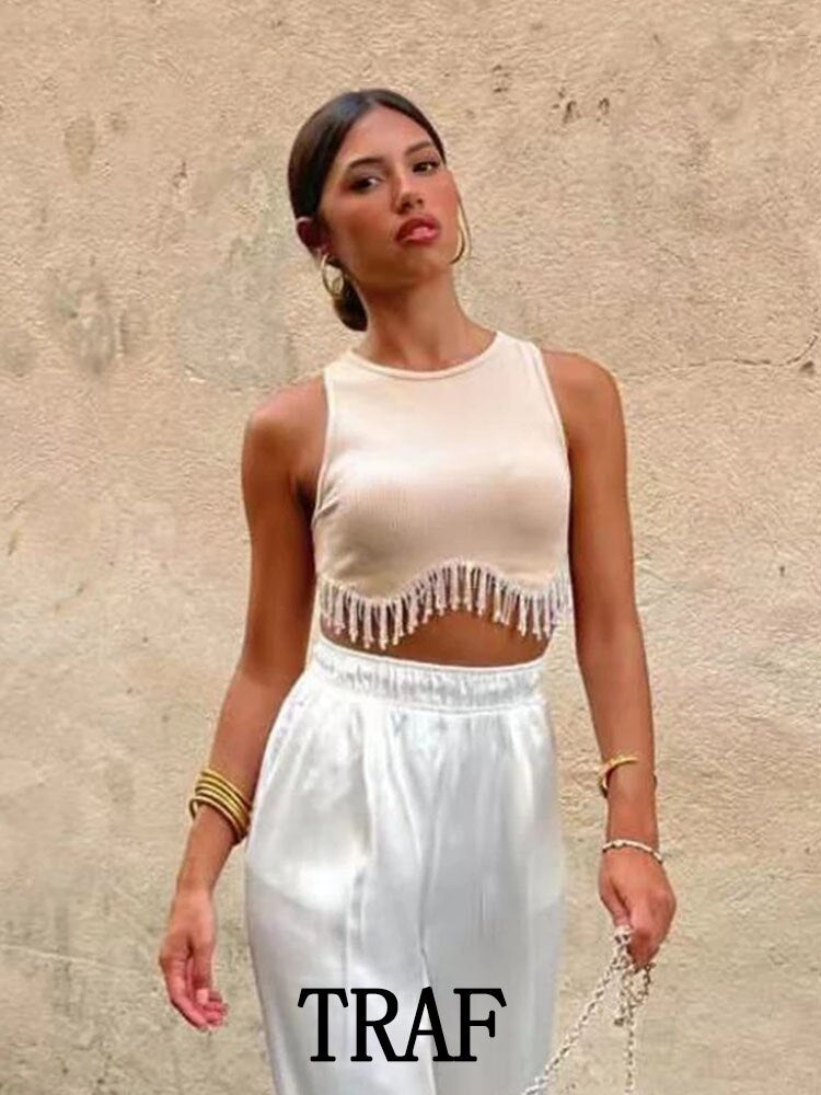 New Jewelry Inlay Vest Short Top Woman Fashion Sleeveless Round-Neck Causal Slim Shiny Femel Vest Tops