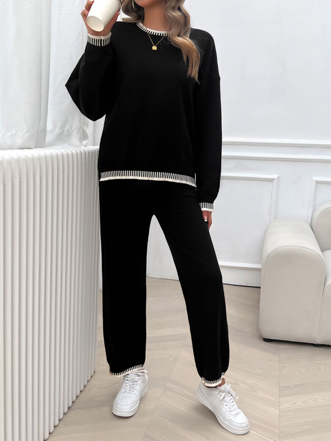 Round Neck Dropped Shoulder Top and Pants Sweater Set