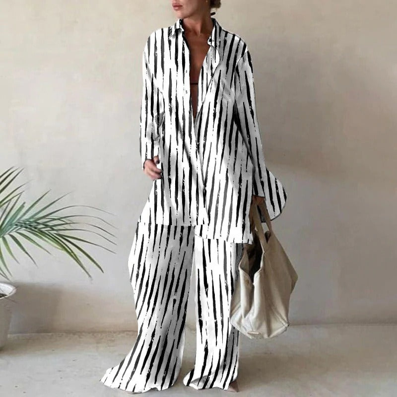 New European and American printed suit loose long-sleeved v straight pants dress