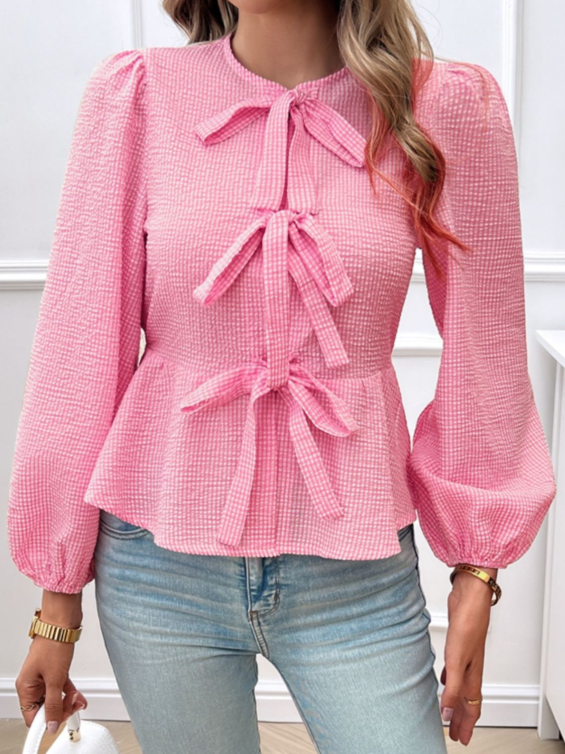 Tied Round Neck Long Sleeve Blouse