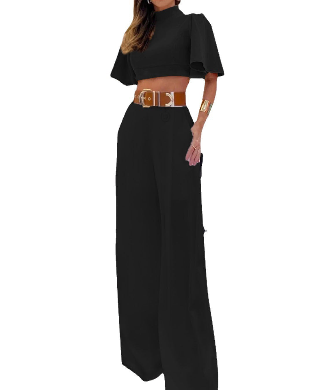 Summer Womens High Neck Flare Sleeves Sexy Cross Back Top Loose Wide Leg Pants Set for Women