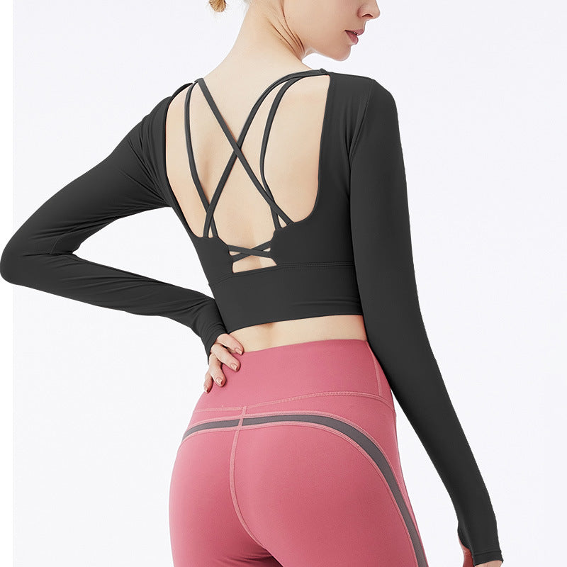 Spring And Summer New Beautiful Back With Chest Cushion Backless Yoga Suit Long Sleeved Sports Women's Nude Fitness Short Top