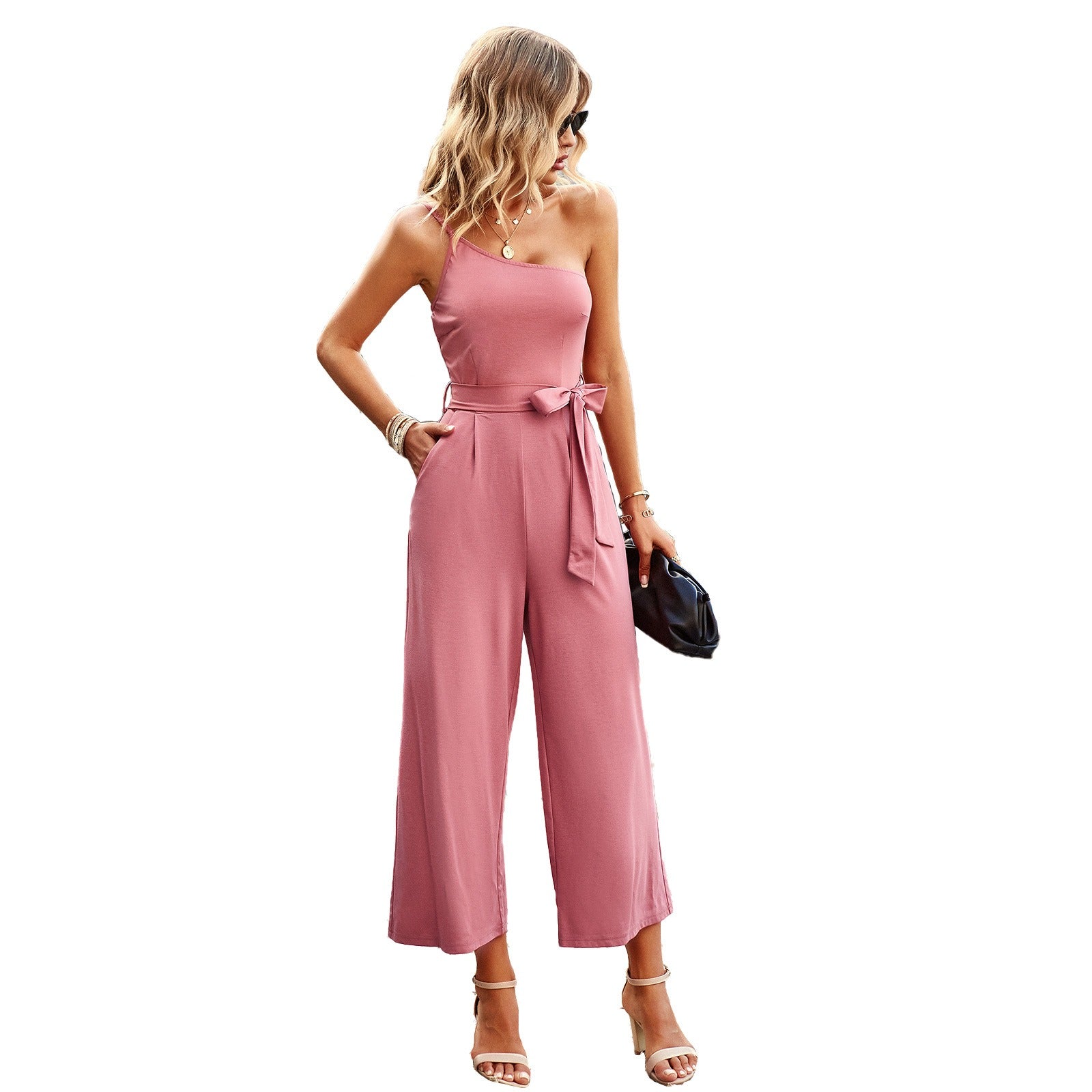 Off-shoulder strapping jumpsuit women's spring and summer temperament commuting solid color straight pants
