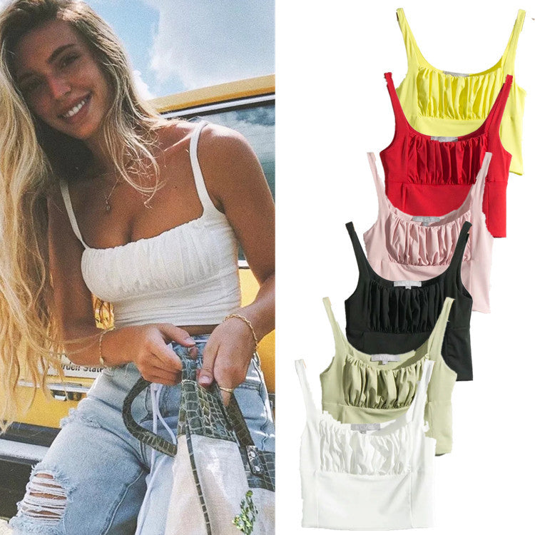 Women's Spring And Summer New Retro Square Neck Pleated Self-Cultivation High Waist Short Vest Camisole