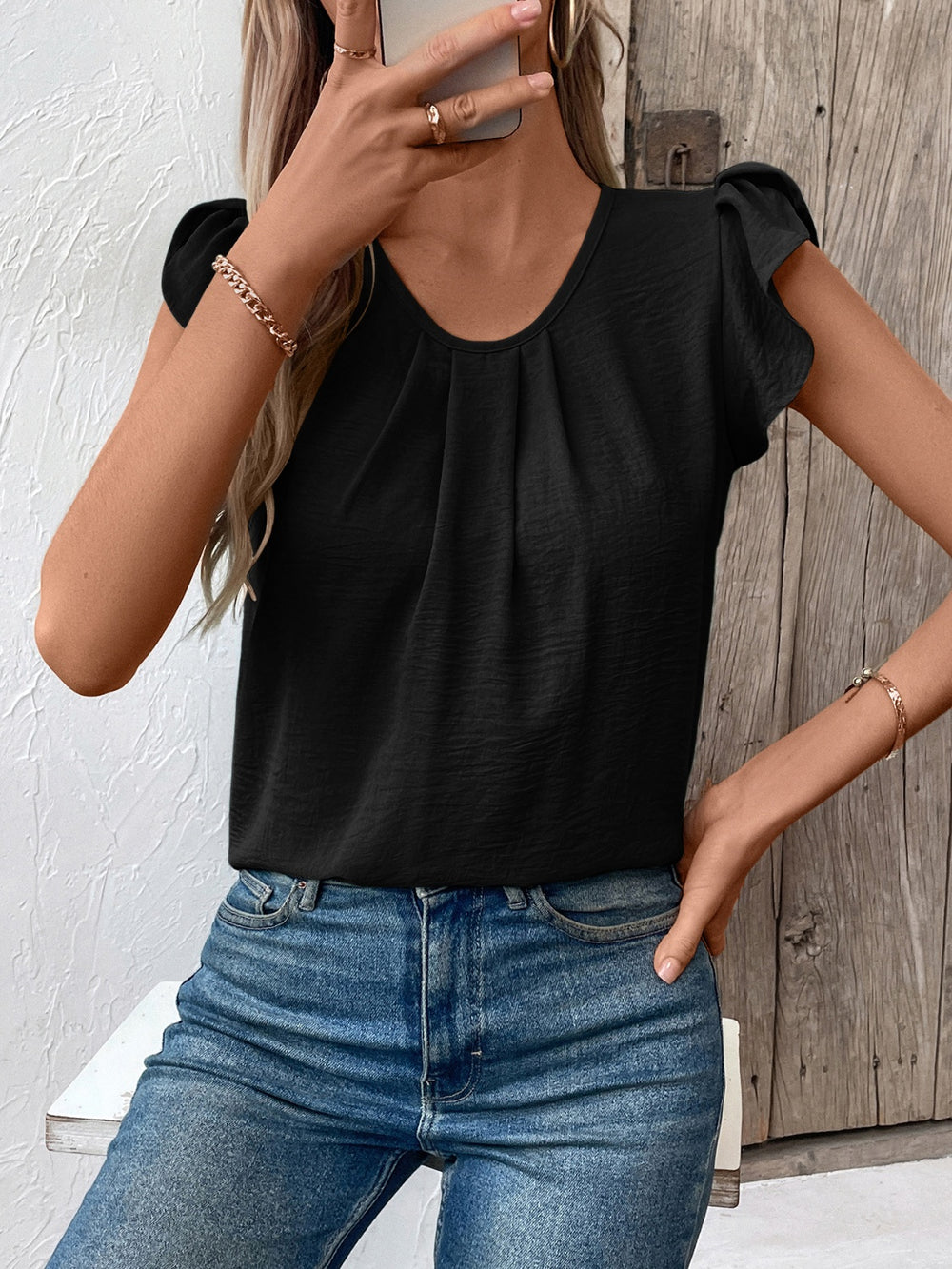 Ruched Round Neck Cap Sleeve Blouse