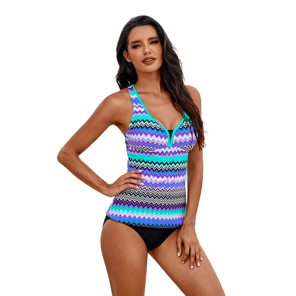 Striped Tankini Conservative Swimsuit Women's Striped Contrast Color Deep V-Neck Split Swimsuit