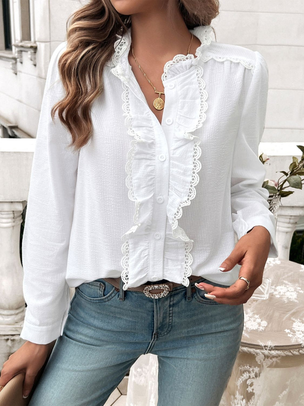 Textured Lace Detail Long Sleeve Shirt