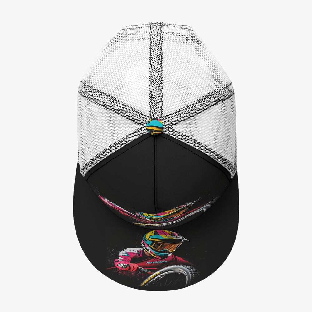 All-Over Print Black Buckle Flat-brimmed Mesh Cap With Box