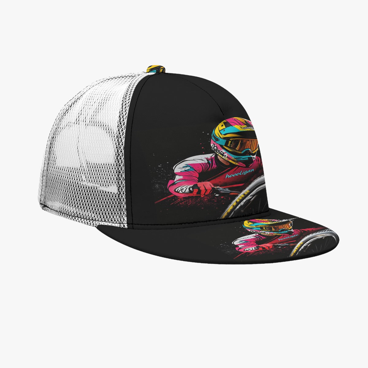 All-Over Print Black Buckle Flat-brimmed Mesh Cap With Box