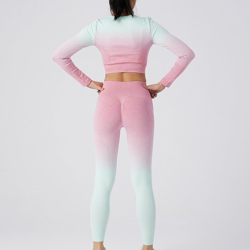 Seamless Knitted Tight Fitness Pants Running Fast Dry Sports Long Sleeve Gradual Change Yoga Suit