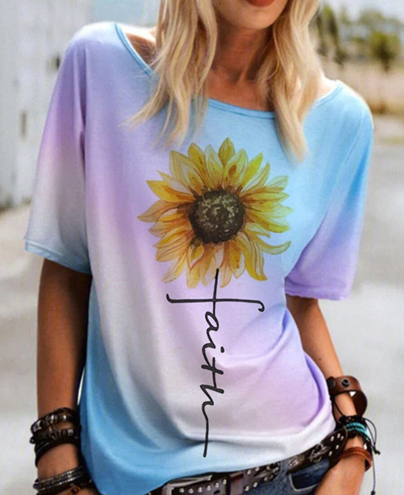 Summer Fashion Sunflower Print Color Loose Short-Sleeved Round Neck Pullover T-Shirt