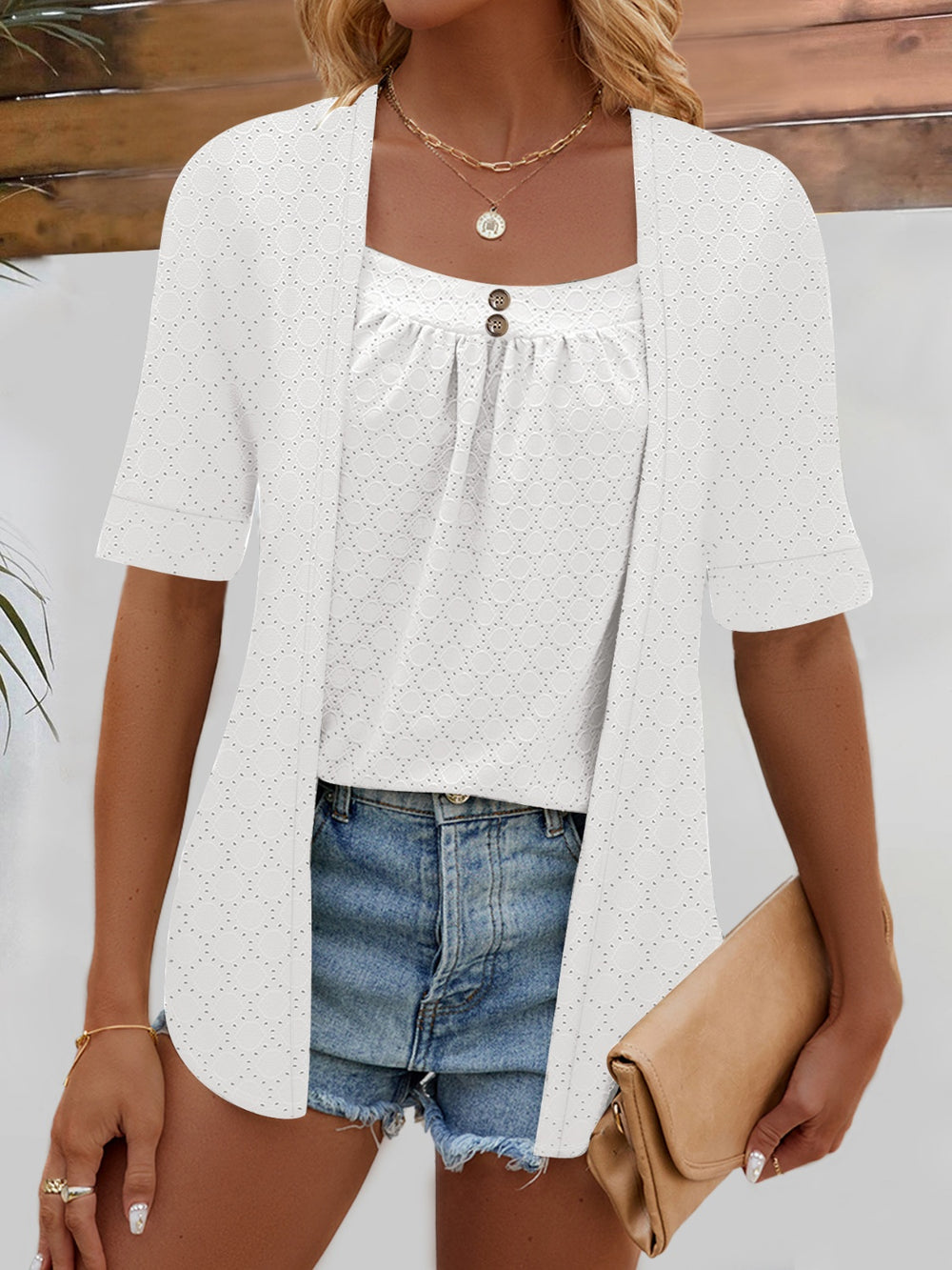 Full Size Faux Layered Decorative Button Half Sleeve Blouse