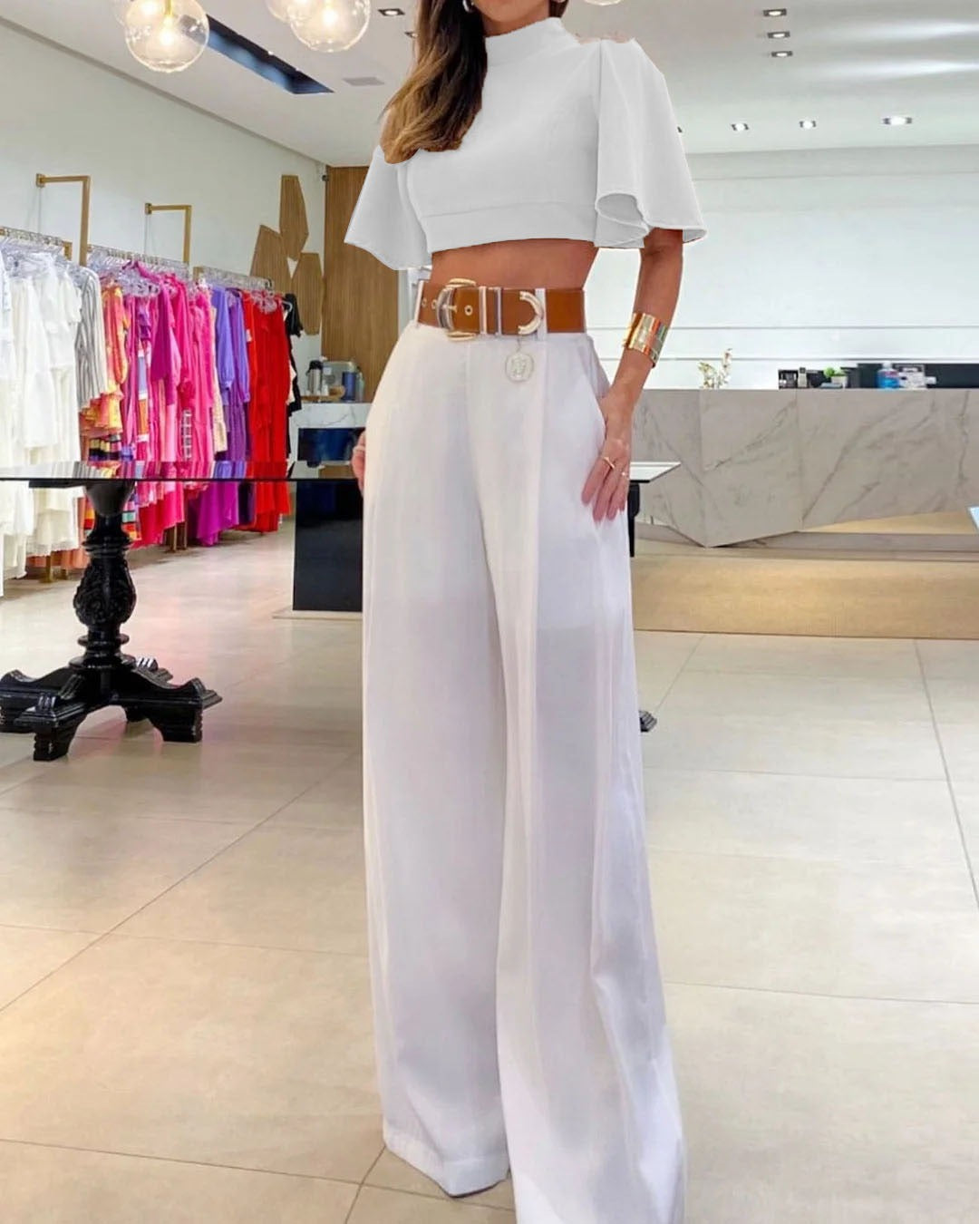 Summer Womens High Neck Flare Sleeves Sexy Cross Back Top Loose Wide Leg Pants Set for Women