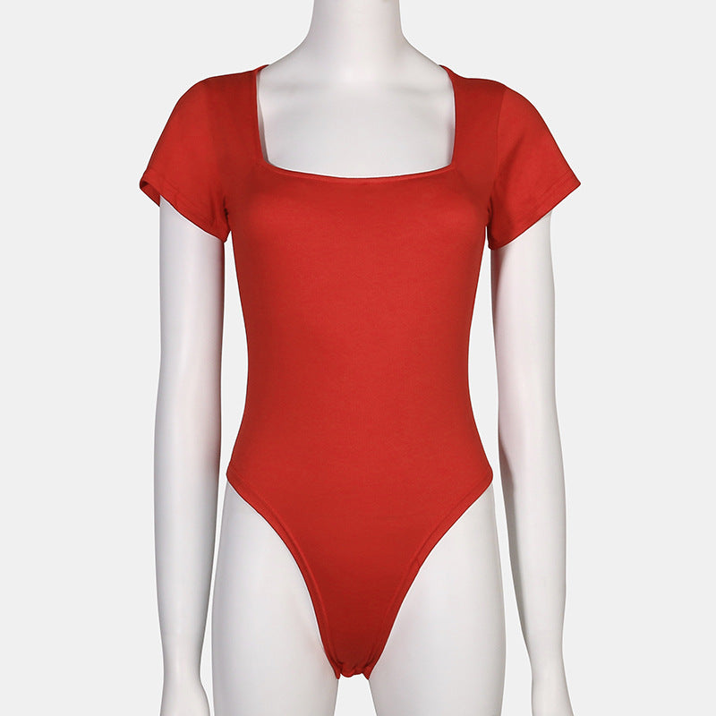 Women's Solid Color Short Sleeve T-Shirt Jumpsuit Ins Wind U-Neck Slim High Fork Bodysuit
