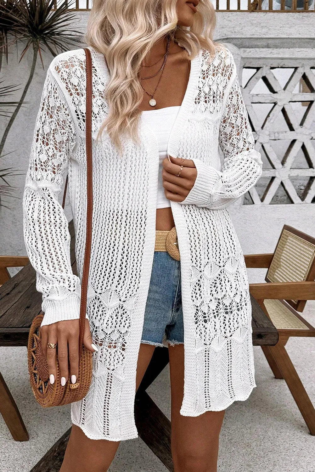 Openwork Open Front Long Sleeve Cardigan