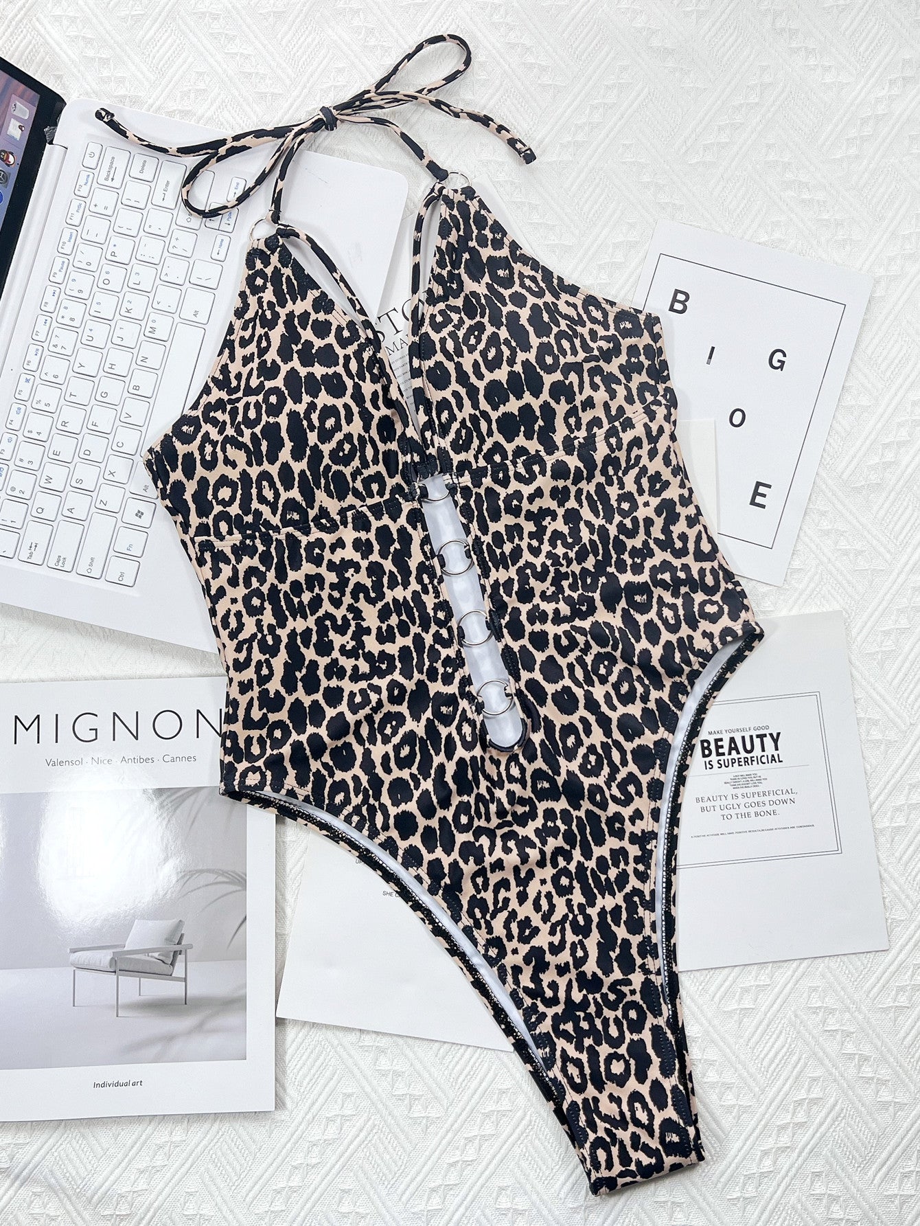 New One Piece Bikini Bikini Leopard Print Cutout Strap Swimsuit
