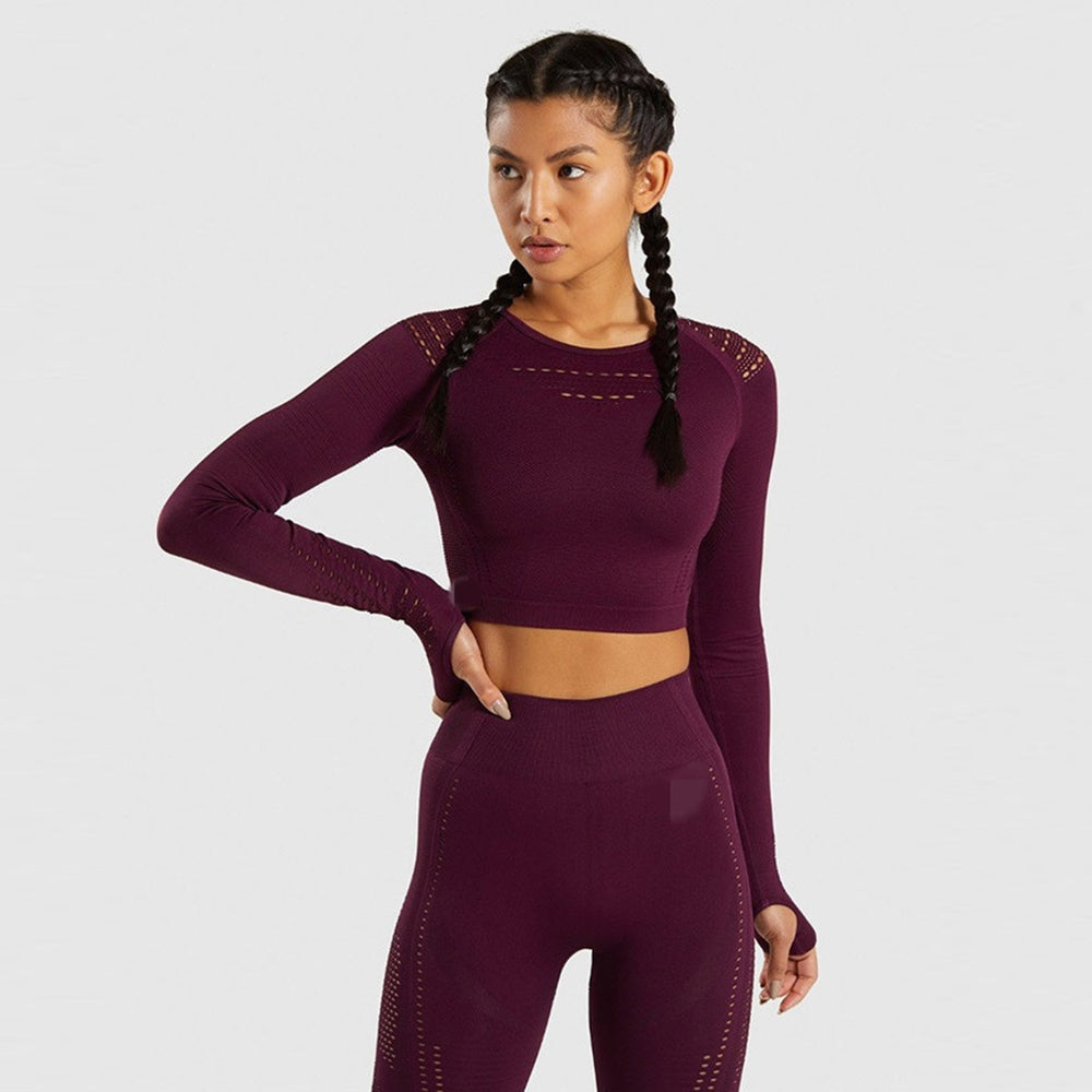 Pure Color Yoga Clothes Suit Women's Sports Running Fitness Clothes Sweat Absorbent Breathable Yoga Clothes Long Sleeve Quick Drying Clothes