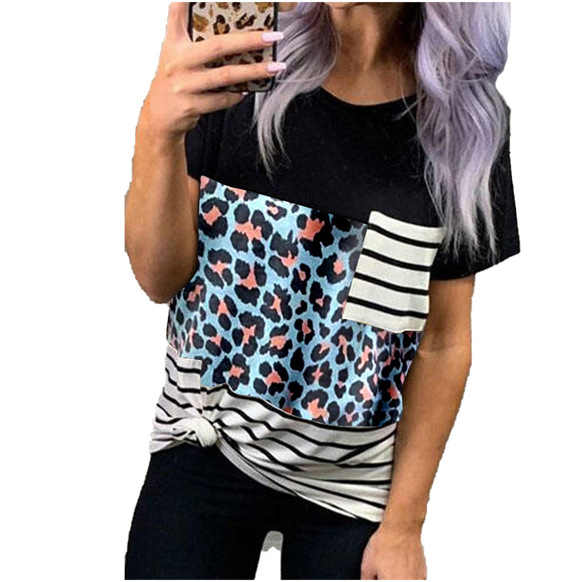 Women's New Short Sleeve T-Shirt Summer Round Neck Pullover Leopard Print Stitching Top