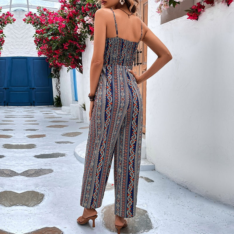 Summer New Fashion Women Wrap Around Python Print Suspenders Wide Leg Jumpsuit