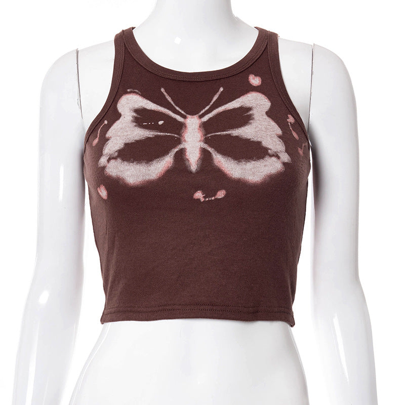European And American Ins New Women's Round Neck Sleeveless Butterfly Print Navel Slim Fit Women's T-Shirt