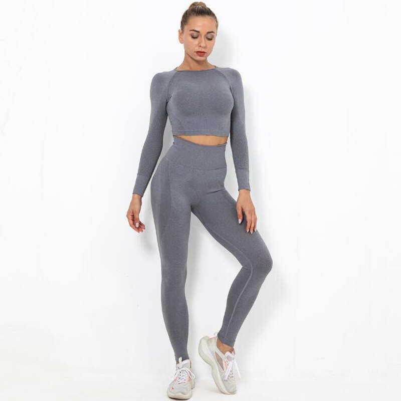 Women Seamless Yoga Set squat proof High Waist Gym Leggings + Shirts Suit Long Sleeve tops Fitness Workout Sports Sets