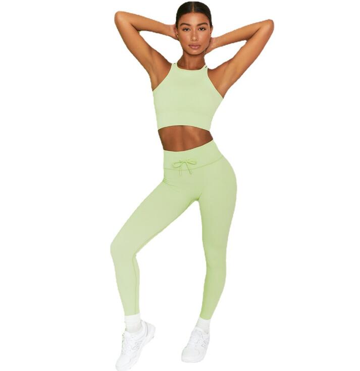 Knitting Fitness Sets Casual Workout Clothes for Women Seamless Double Shoulder Straps Bra Drawstring Push Up Leggings Yoga Suit
