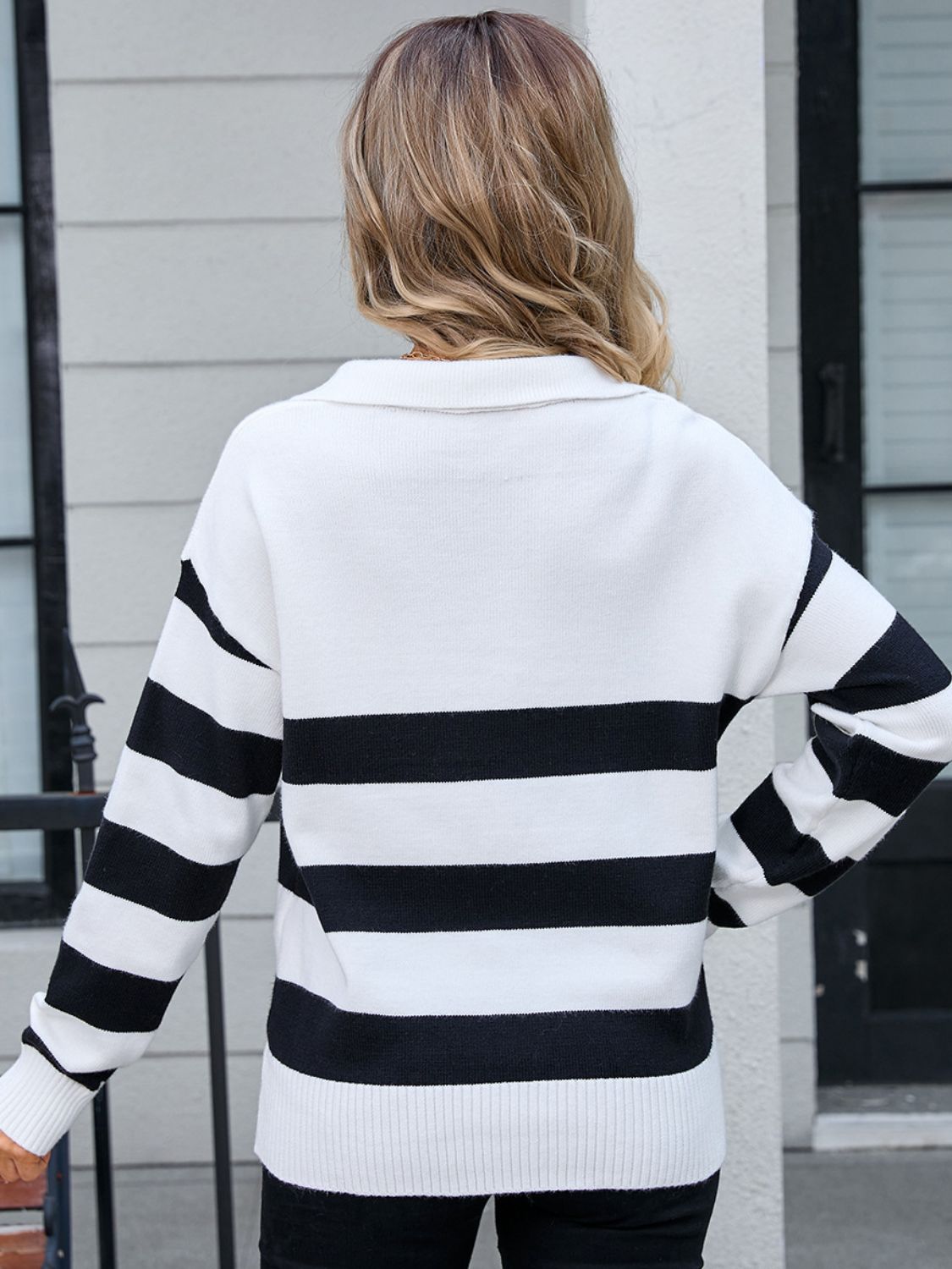 Striped Johnny Collar Knit Top