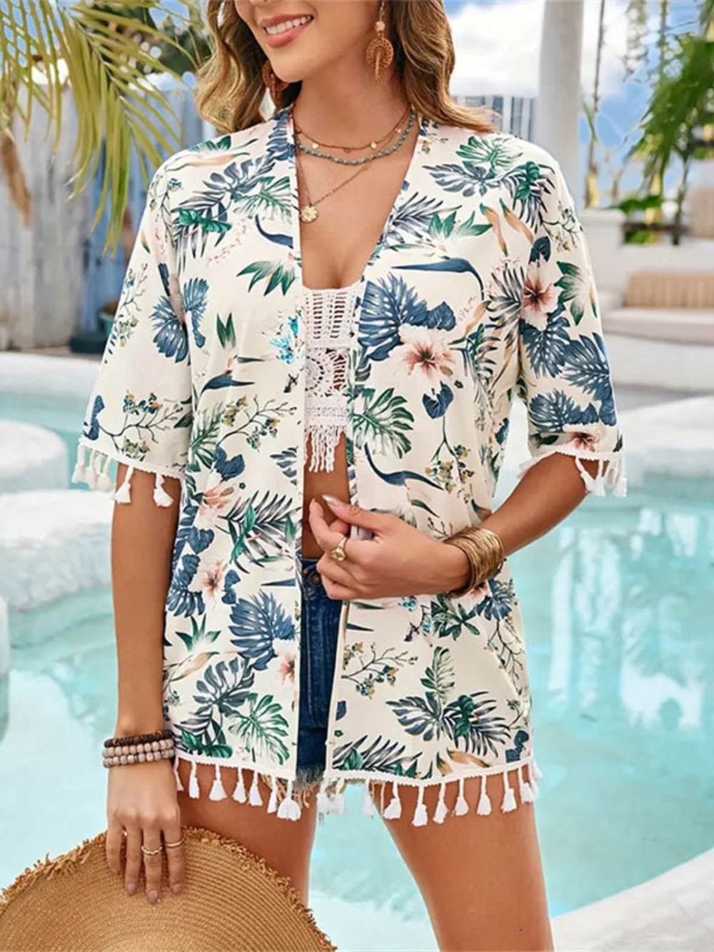 Tassel Printed Open Front Half Sleeve Cover-Up