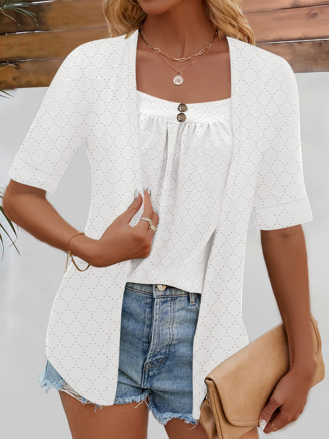 Full Size Faux Layered Decorative Button Half Sleeve Blouse