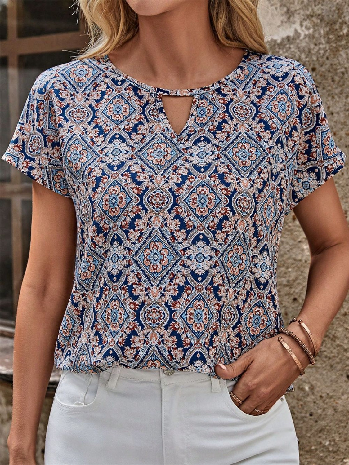 Cutout Printed Round Neck Short Sleeve Blouse