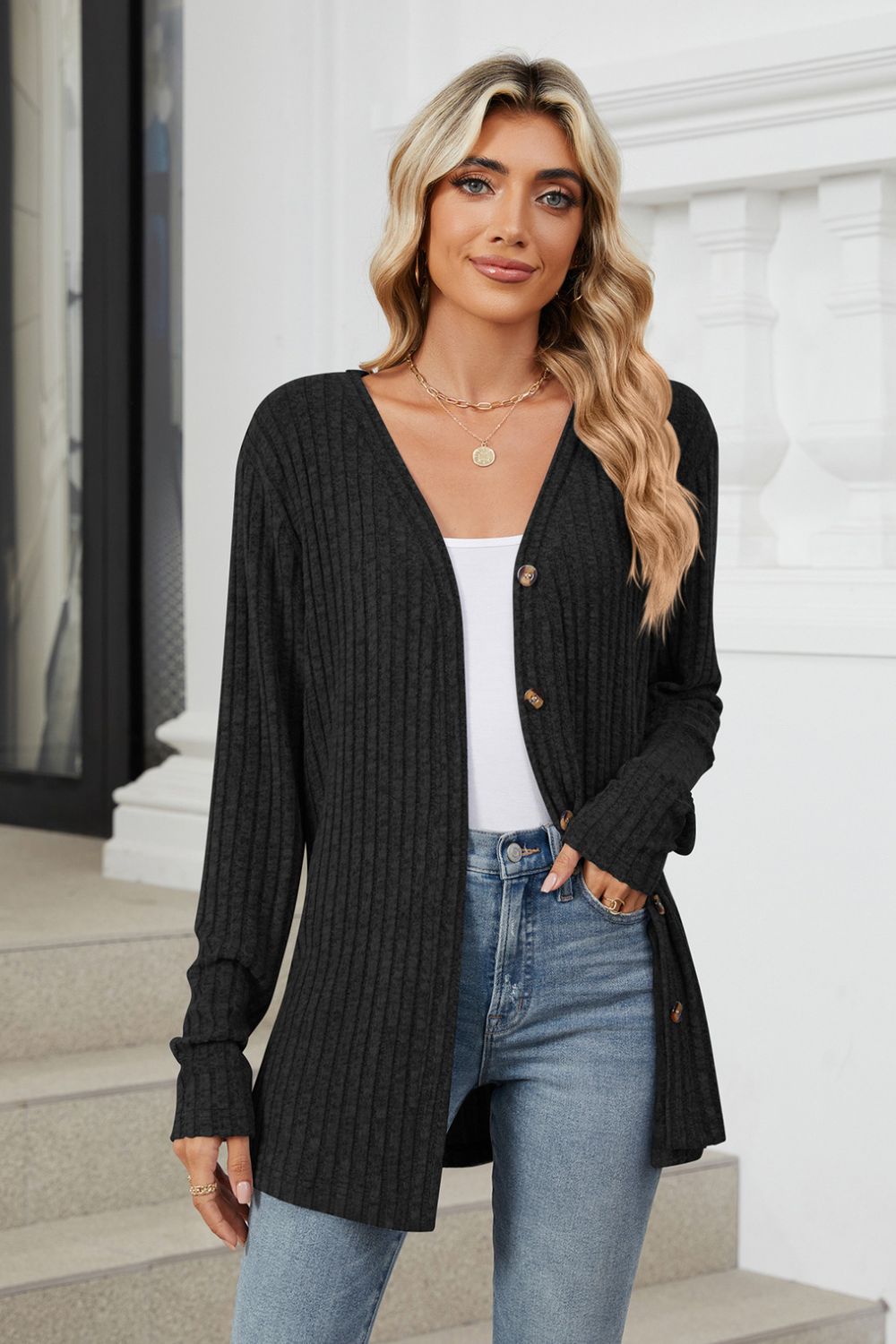 Ribbed Button Up Long Sleeve Cardigan