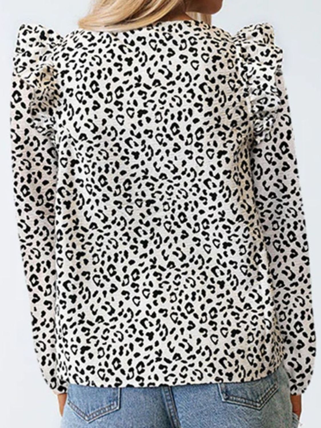 Ruffled Leopard Notched Long Sleeve Blouse