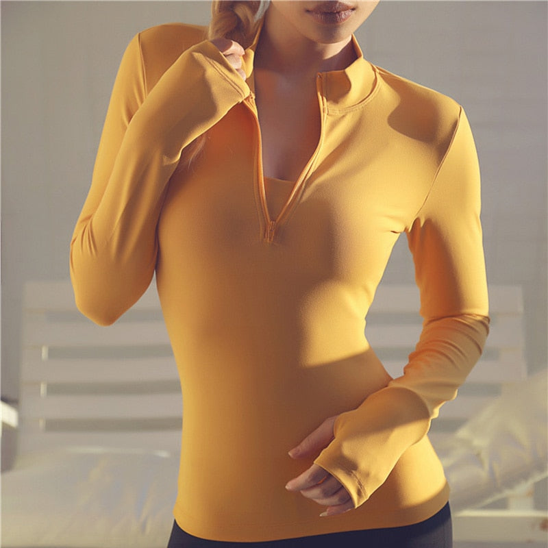 SALSPOR Sexy Women Yoga Top Sport Zipper Long Sleeve Yoga Shirt With Thumb Holes Solid Quick Dry Breathable Gym Fitness Shirt