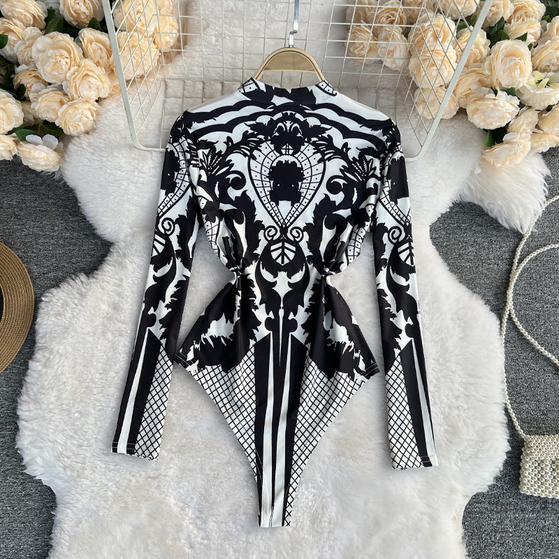 Printed One Piece Top Sexy Slim Standing Collar Bottoming Bodysuit Women