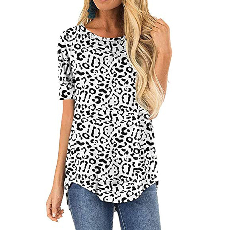 Women's Summer Round Neck Loose Print Short Sleeve T-Shirt Front Short Back Long Sweater