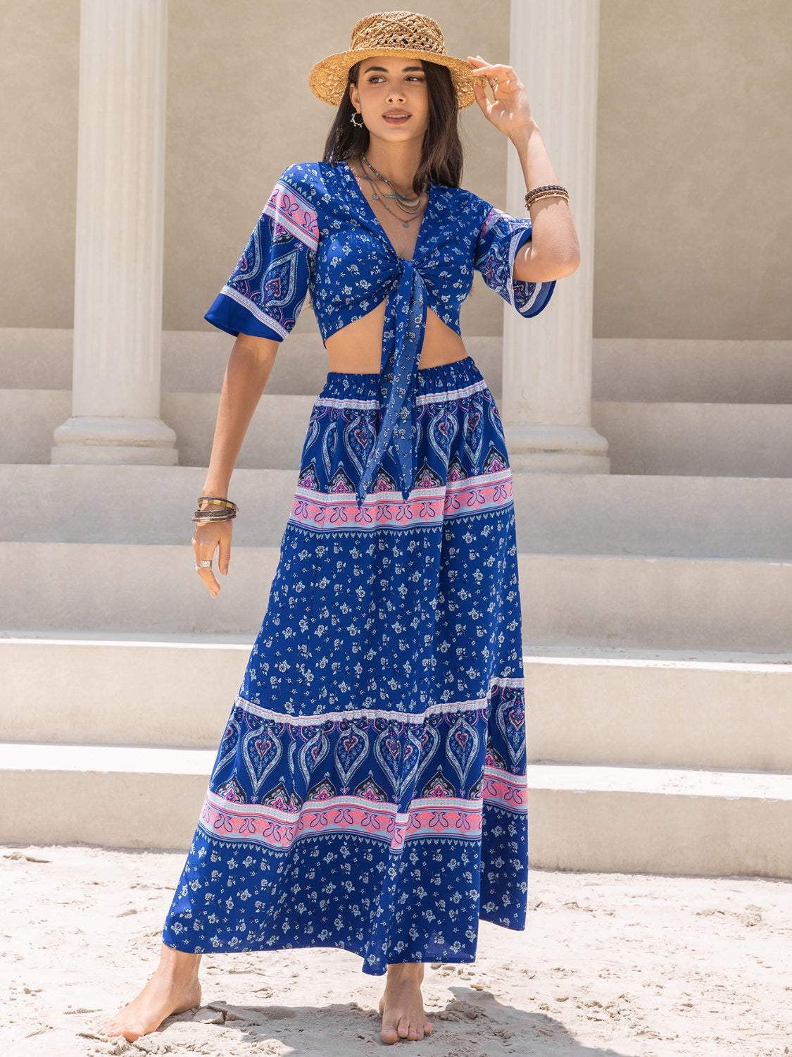 Printed Flutter Sleeve Top and Skirt Set