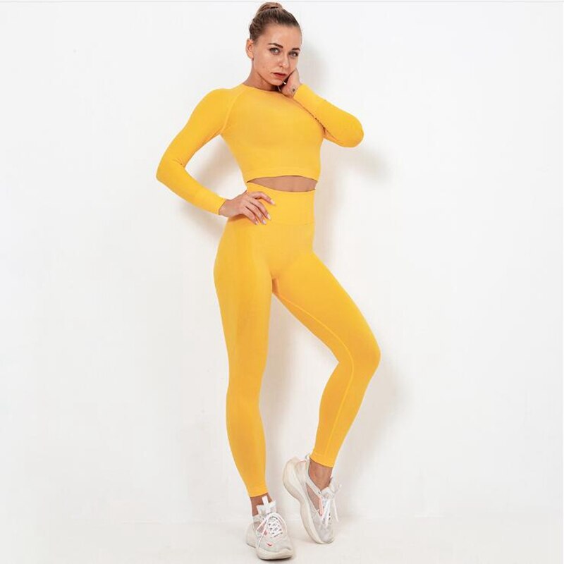 Women Seamless Yoga Set squat proof High Waist Gym Leggings + Shirts Suit Long Sleeve tops Fitness Workout Sports Sets