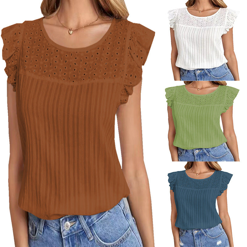 Summer New New Women's Hollow Stitching Sleeveless Ruffled T-Shirt Women