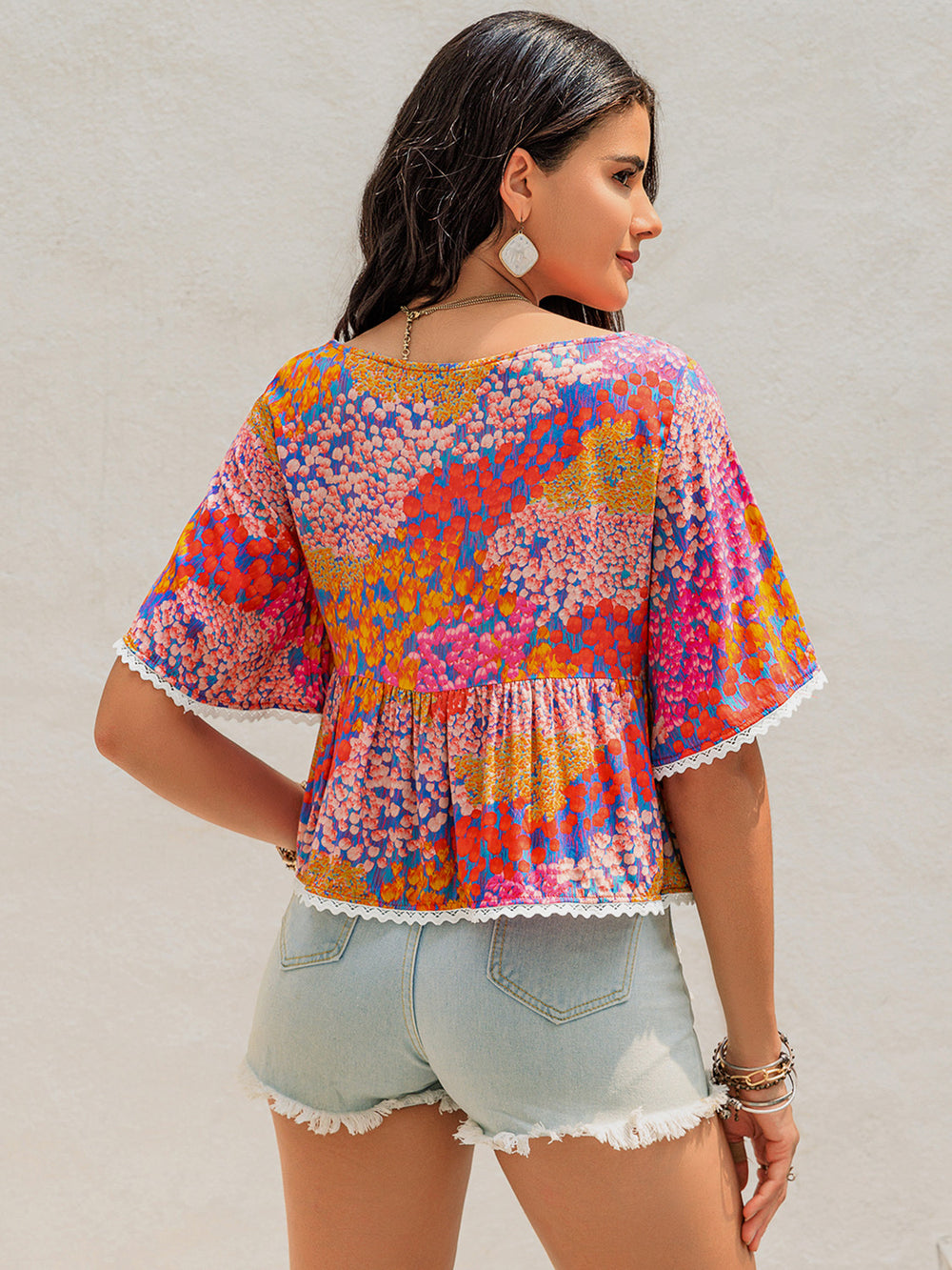 Ruched Printed Half Sleeve Blouse