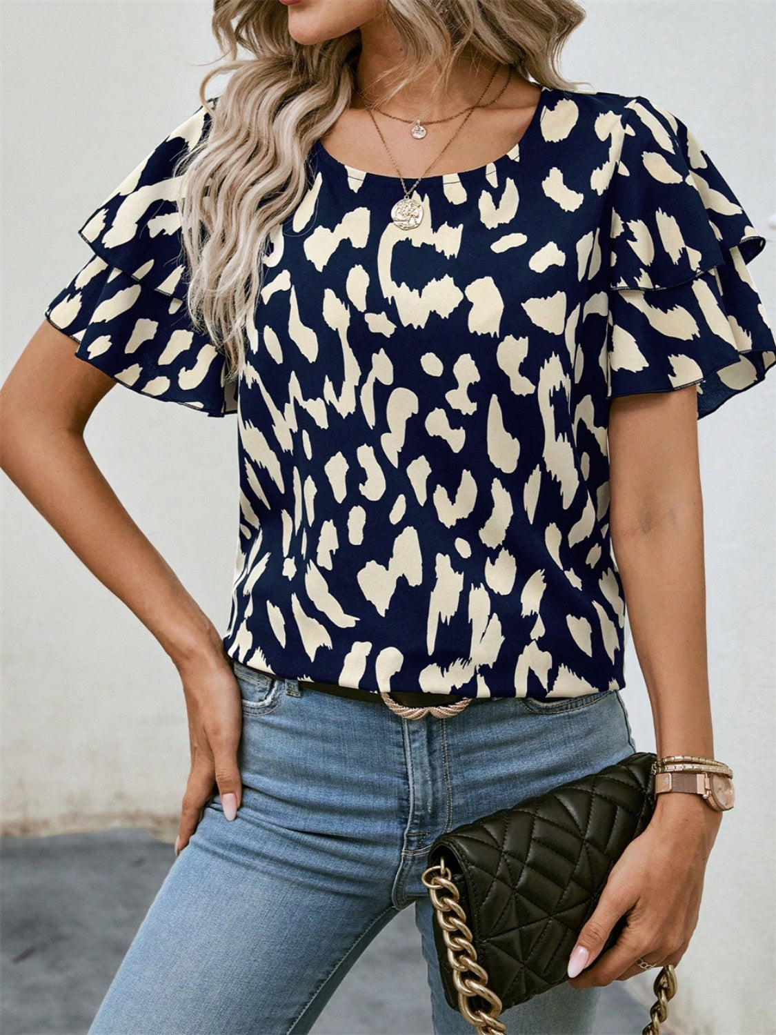 Ruffled Printed Round Neck Short Sleeve Blouse