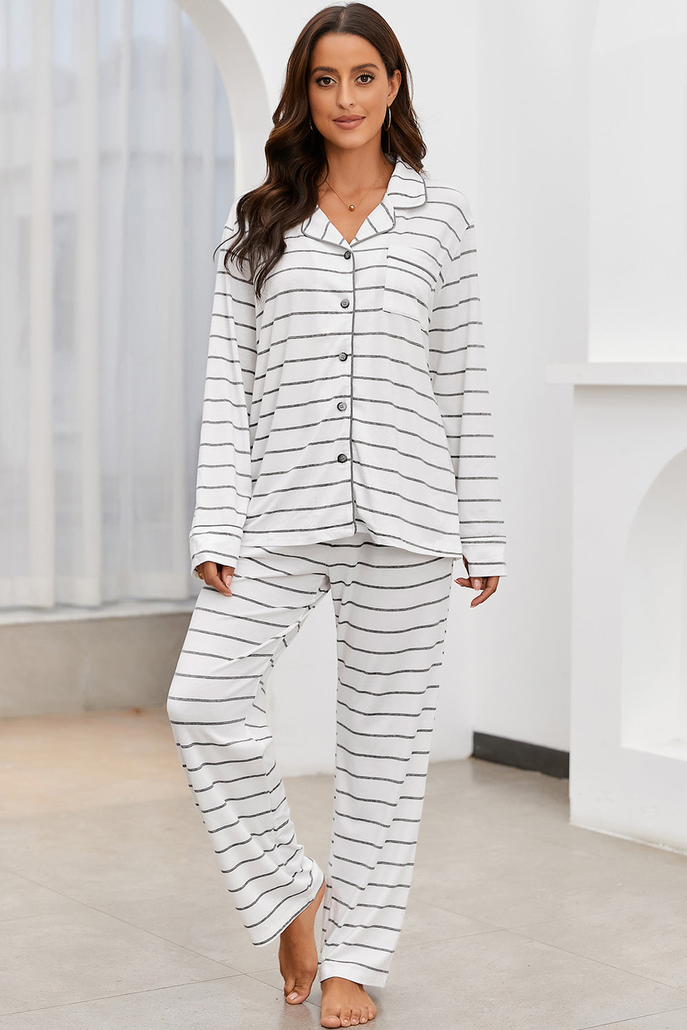 Striped V-Neck Long Sleeve Top and Pants Lounge Set