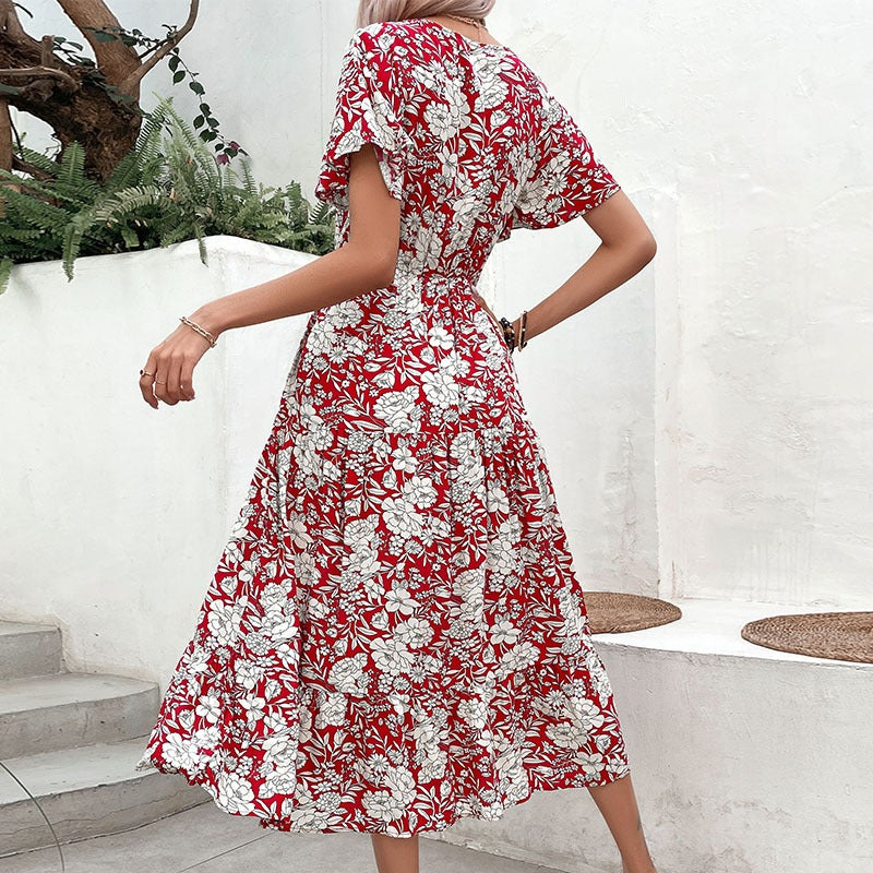 Summer New European and American Fashion Women's Red Print Temperament Dress