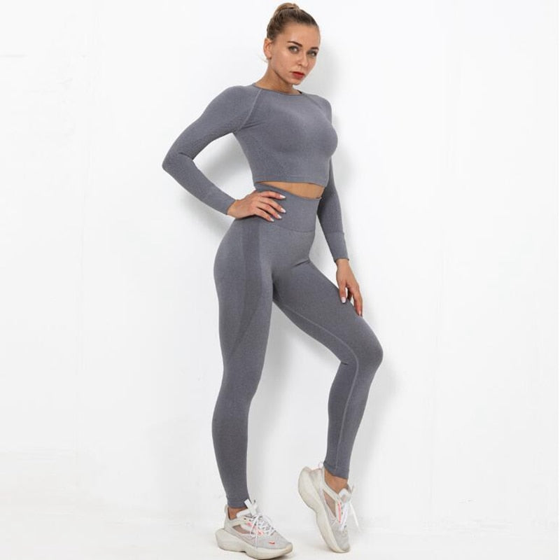 Women Seamless Yoga Set squat proof High Waist Gym Leggings + Shirts Suit Long Sleeve tops Fitness Workout Sports Sets