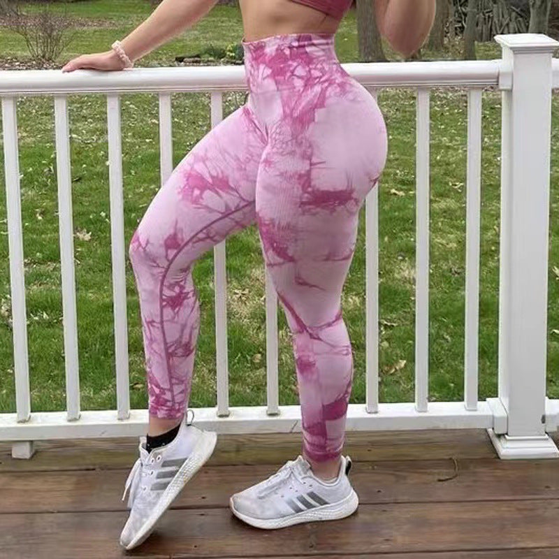 Tie Dyed Sports Fitness Pants Women's High Waist Peach Hip Lifting Seamless Outwear Jacquard Running Yoga Pants Autumn and Winter