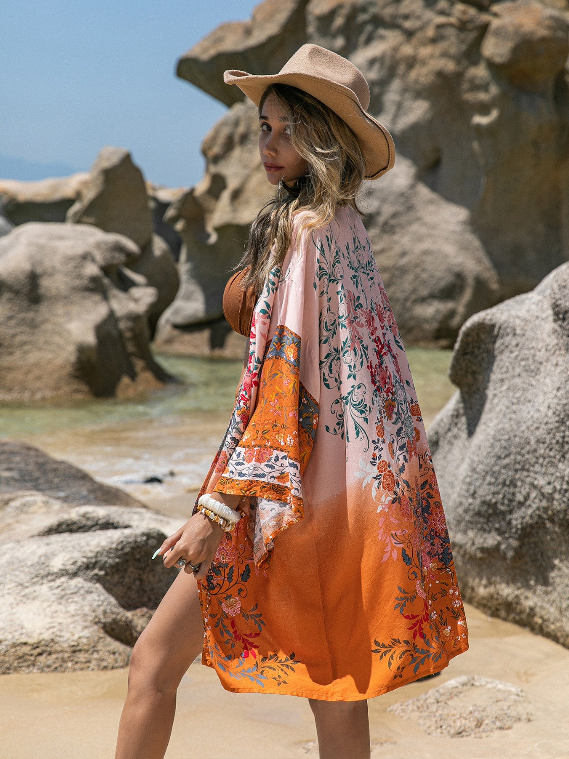 Printed Open Front Long Sleeve Cover-Up